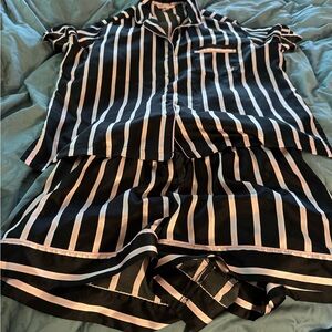Victoria’s Secret short sleeve satin pajamas in black and pink stripe